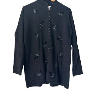 Vintage Victoria Jones Black Beaded Mock Neck Buttoned Sweater Cardigan, Size M